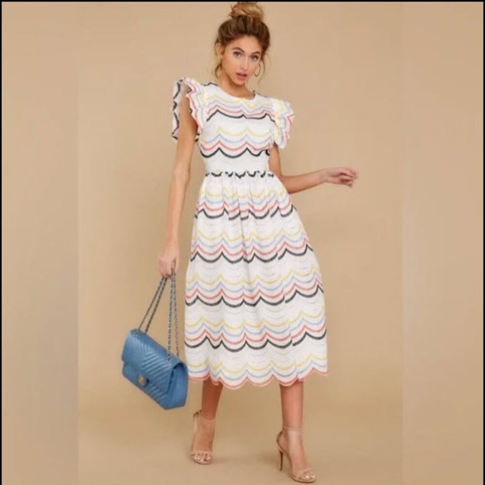 NWOT Just Me White Chevron Eyelet Midi Dress Size Medium